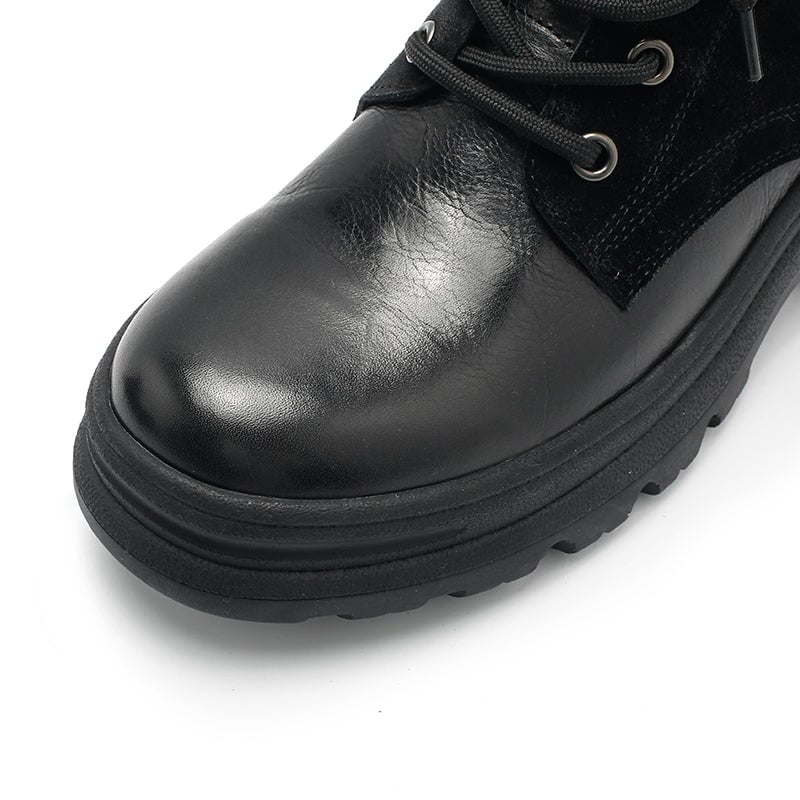Leather Boots Designer Retro Chunky Riding Boots Handmade in Black/Black Short Plush