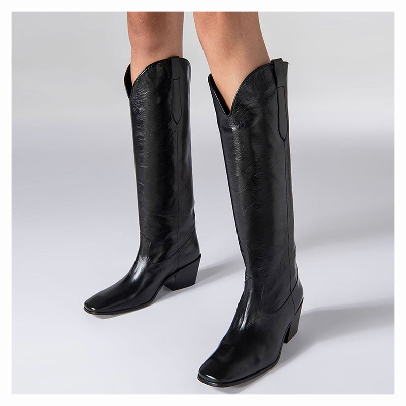 Cowboy Boots Women Handmade Genuine Leather in Black/Beige - HIGH WESTERN BOOTS Side Zipper