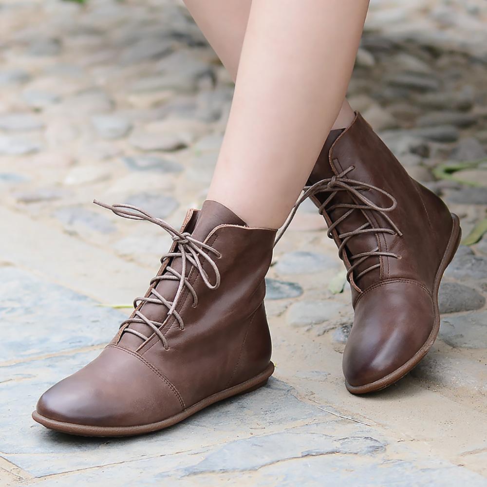 Oxfords For Women Lace Up Flat Sole Ankle Boots Handmade Waxing Leather Boots Black/Brown