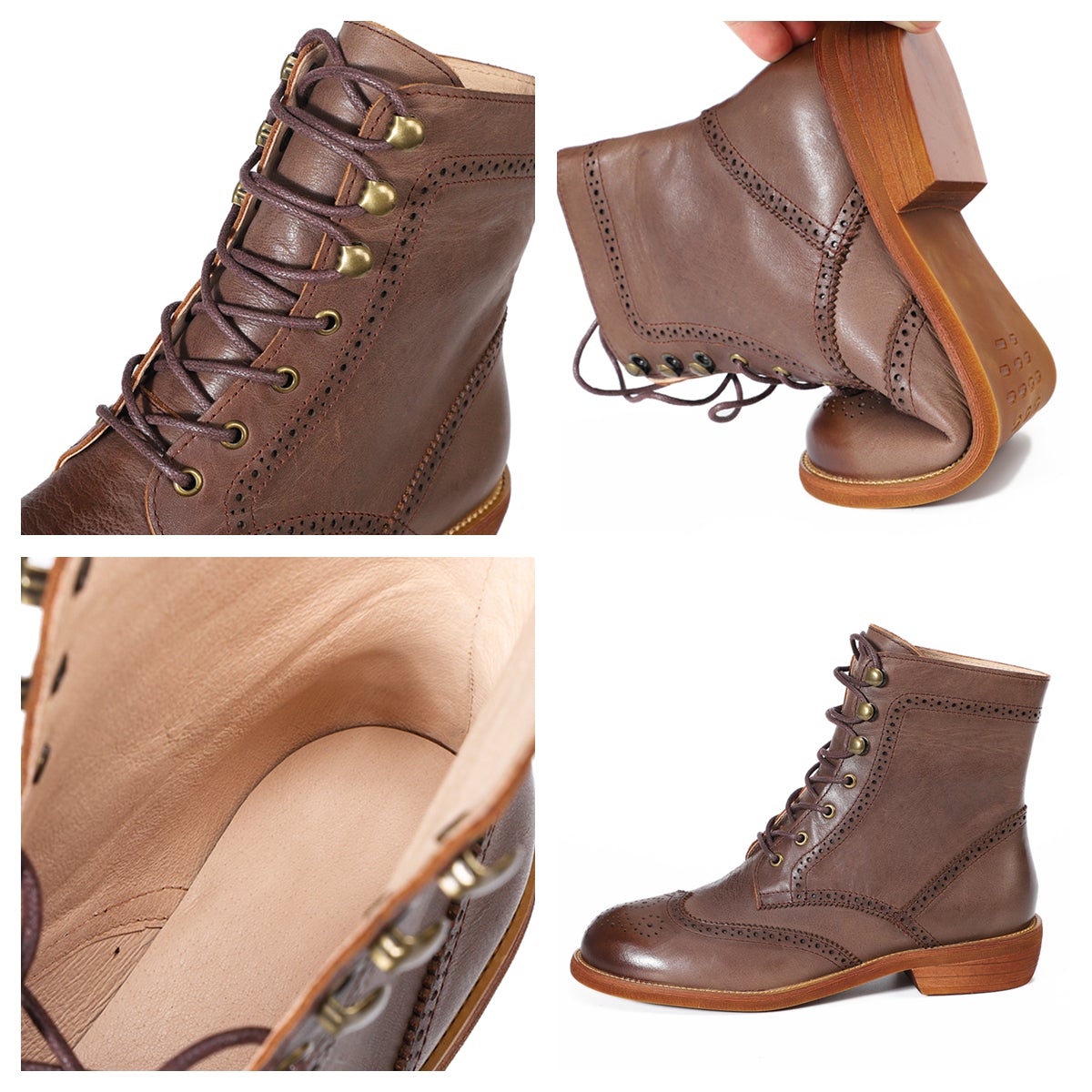 Handmade Wingtip Shoes Leather Boots Block Carving Brogue Ankle Boot For Women Black/Coffee