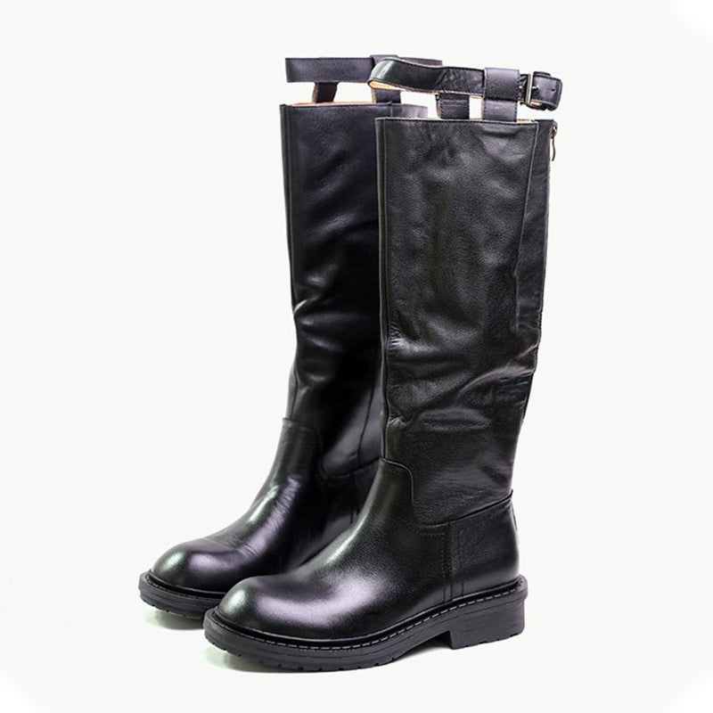 Riding Boots for Women In Black/Brown Leather Round Toe- Embellished Leather Boots