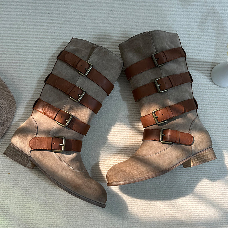 Riding Boots For Women Handmade Leather Mid Calf Boots Chunky Buckle Boots in Brown/Black