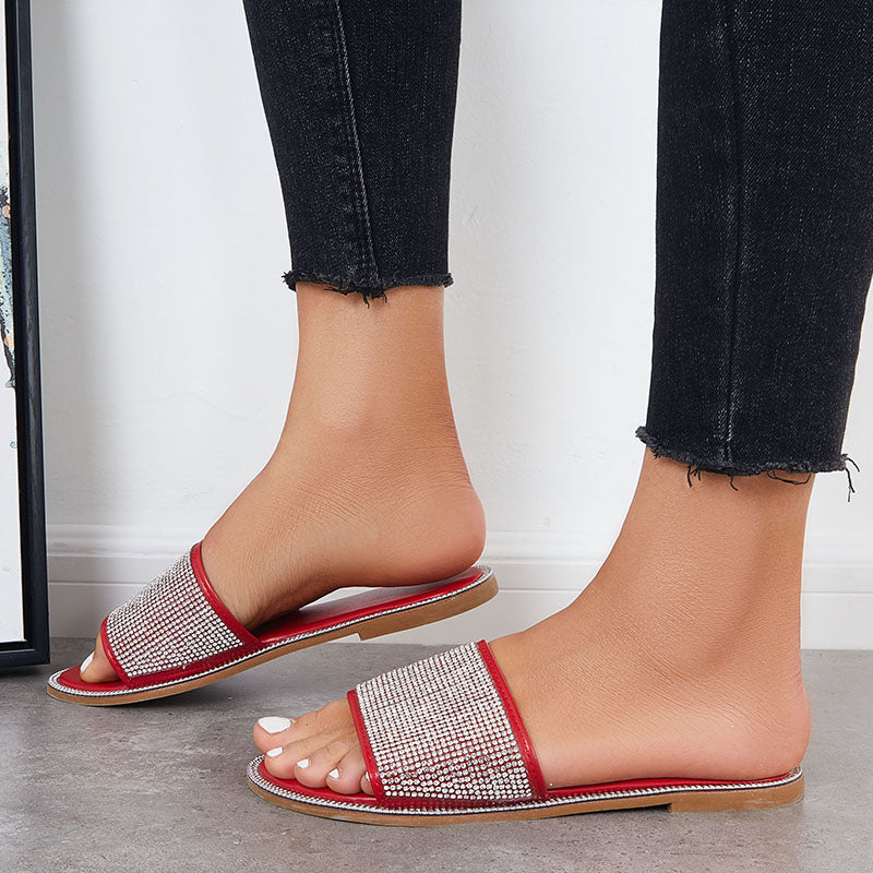 Rhinestone Slip on Flat Slide Sandals Glitter Open Toe Casual Slippers