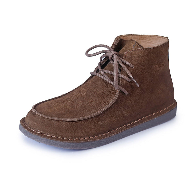 Genuine Leather Soft Flat Boots For Women Round Toe Lace Up Mori Girl Style Wide Fit Grey/Coffee