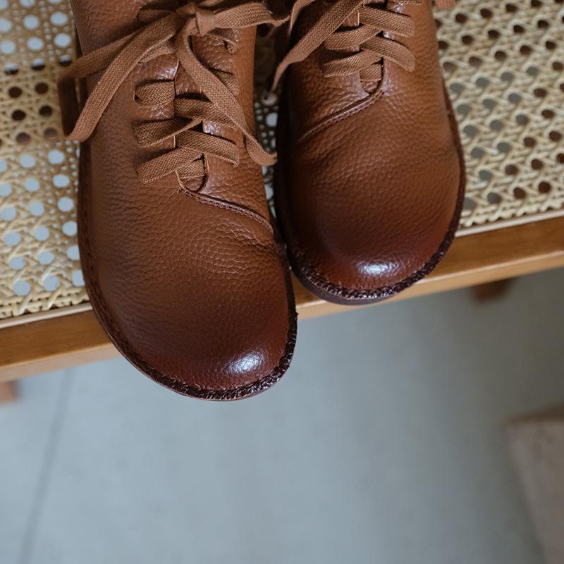 Handmade Genuine Leather Boots Lace-Up Combat Boots Retro Chunky Ankle Boots Coffee/Brown/Off White