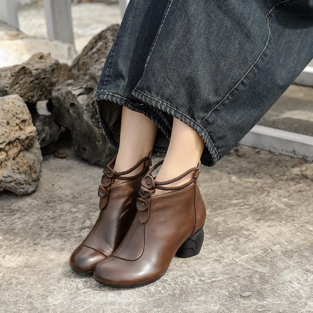 Retro Round Toe Women Ankle Boots Block Heels Back Zipper Coffee/Black