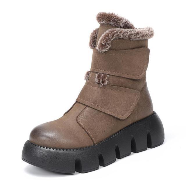 Winter Boots Plush Warm Genuine Leather Hook & Loop Round Toe 2021 New Handmade Ankle Platform Boots