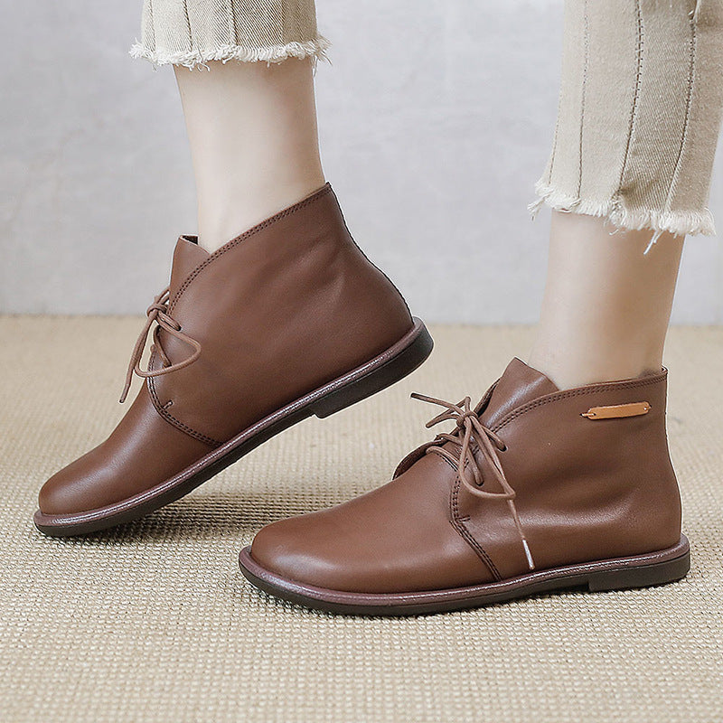 Women's Leather Booties Round Toe Lace-Up Flat Ankle Boots Handmade in Camel/Black