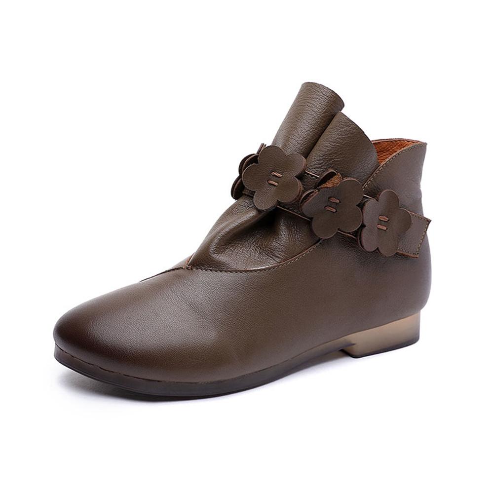 Leather Work Combat Boots Handmade Women Boots With Flowers Chelsea Boots Oil-Wax
