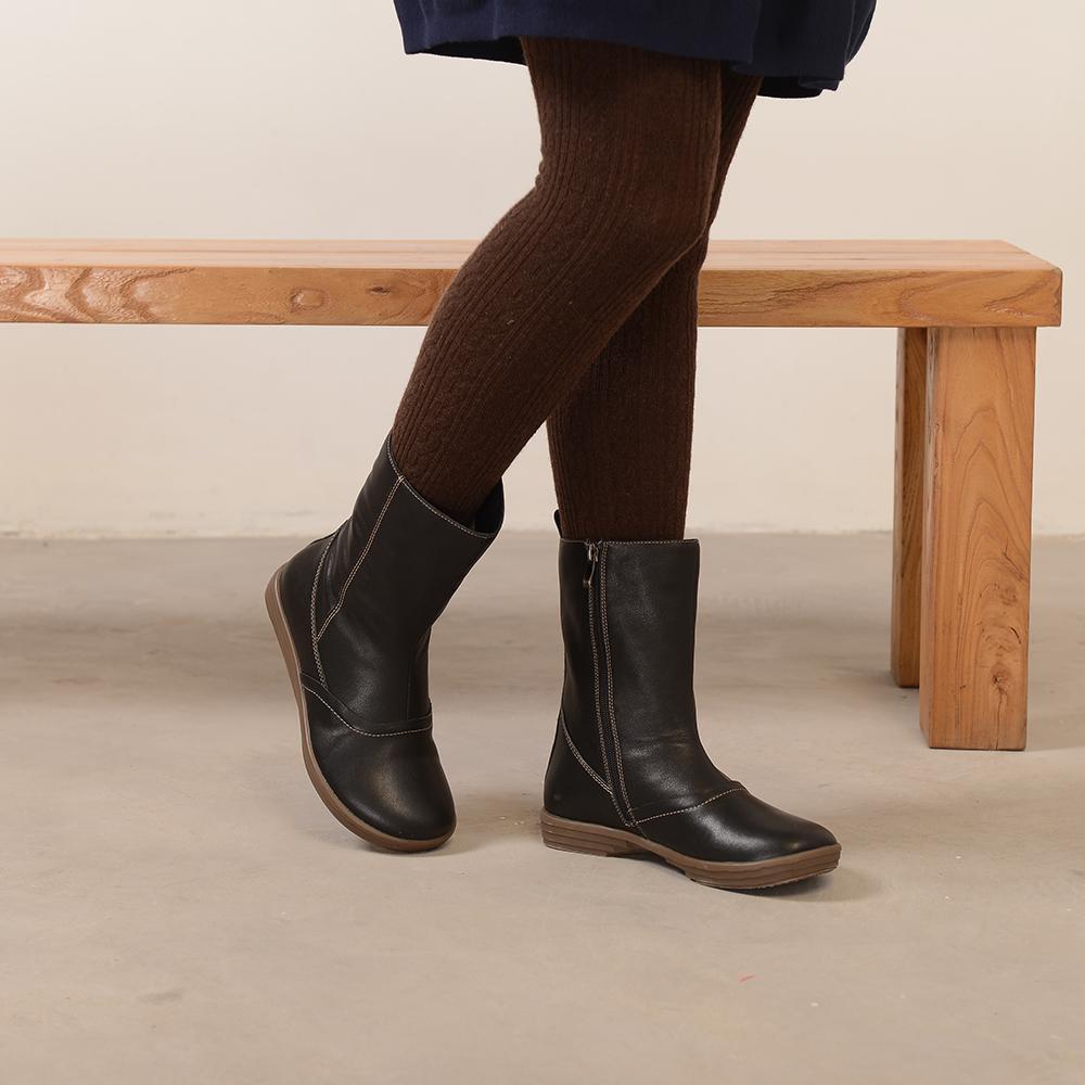 Wide Fit Handmade Leather Side Zip Calf Length Boots For Winter Designer Shoes Exquisite Suture Black/Khaki