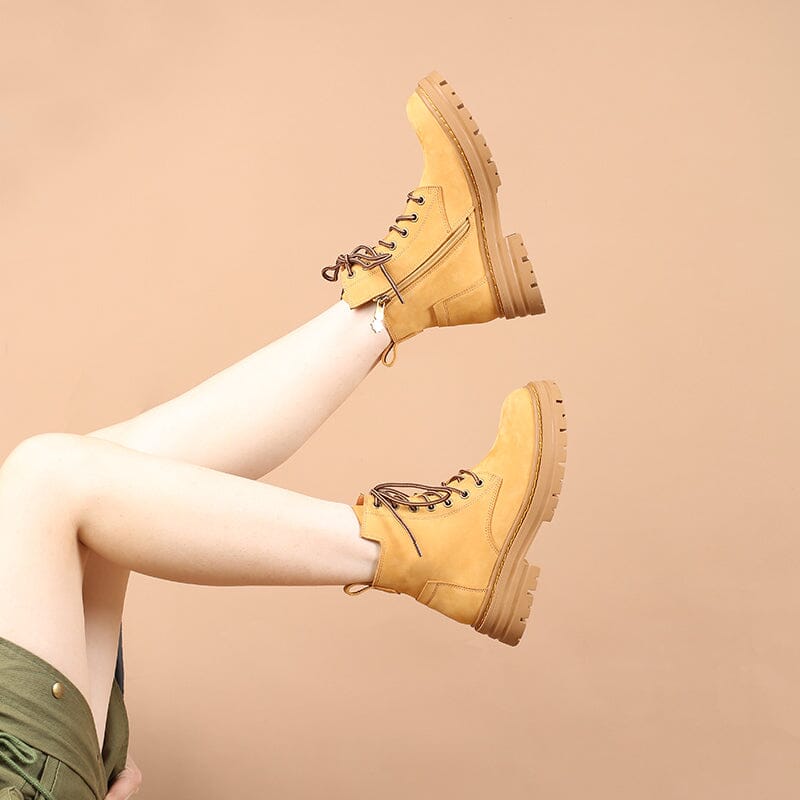 Women's Handmade High Lace-up Boot in Nubuck Calfskin Waterproof in Yellow Platform