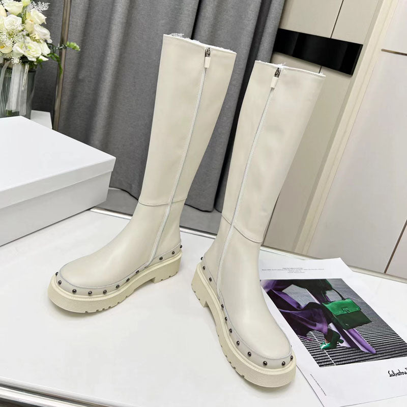 Riding Boots for Women in White/Black Leather - Chunky Sole Tall Boots