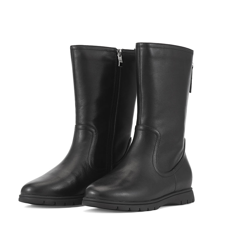 Retro Leather Mid Calf Boots for Cold Winter Classic Boots Black Handmade Short Plush Lining