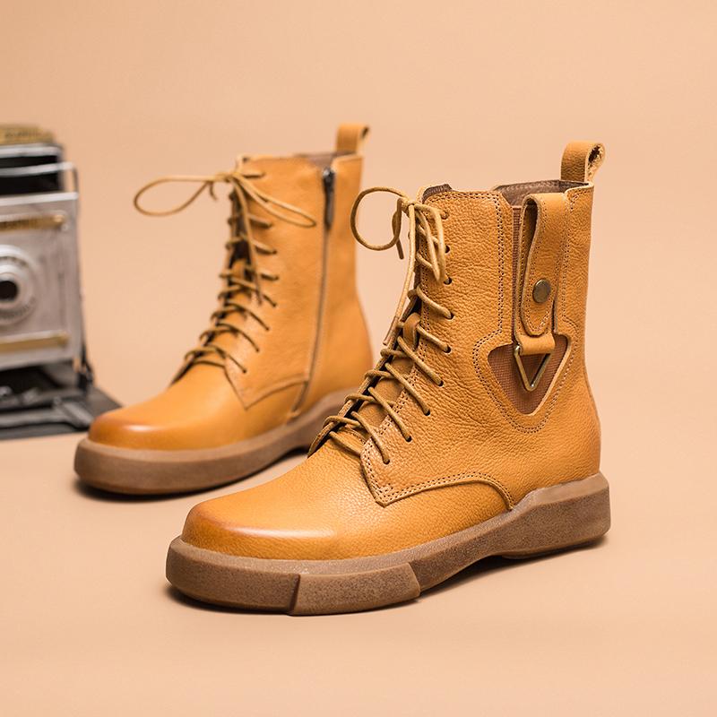Leather Boots Designer Retro Chunky Riding Boots Side Heart Shape Handmade Coffee/Black/Yellow