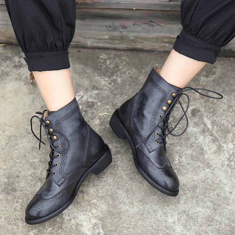 Handmade Wingtip Shoes Leather Boots Block Carving Brogue Ankle Boot For Women Black/Coffee