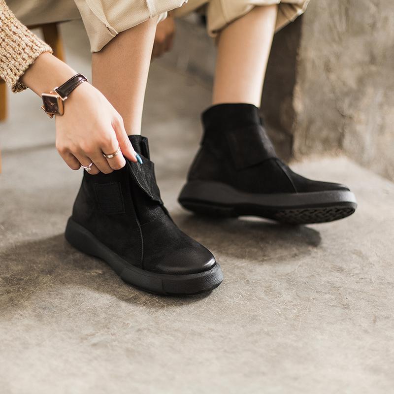 Waxing Leather Boots Velcro Ankle Boots Leather and Short Plush For Choice Black/Coffee