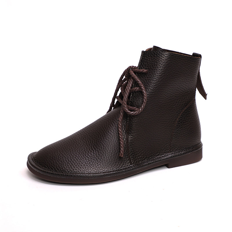 Handmade Women's Leather Booties Round Toe Lace-Up Flat Ankle Boots Brown/Black/Coffee