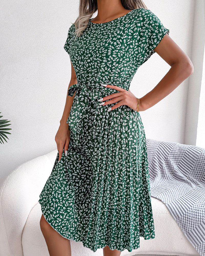 Short sleeve floral print tie dress