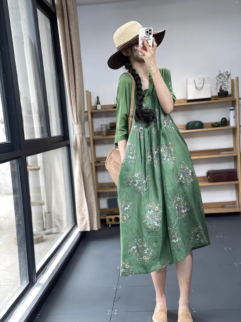 V-neck Retro Printing A-Line Dress