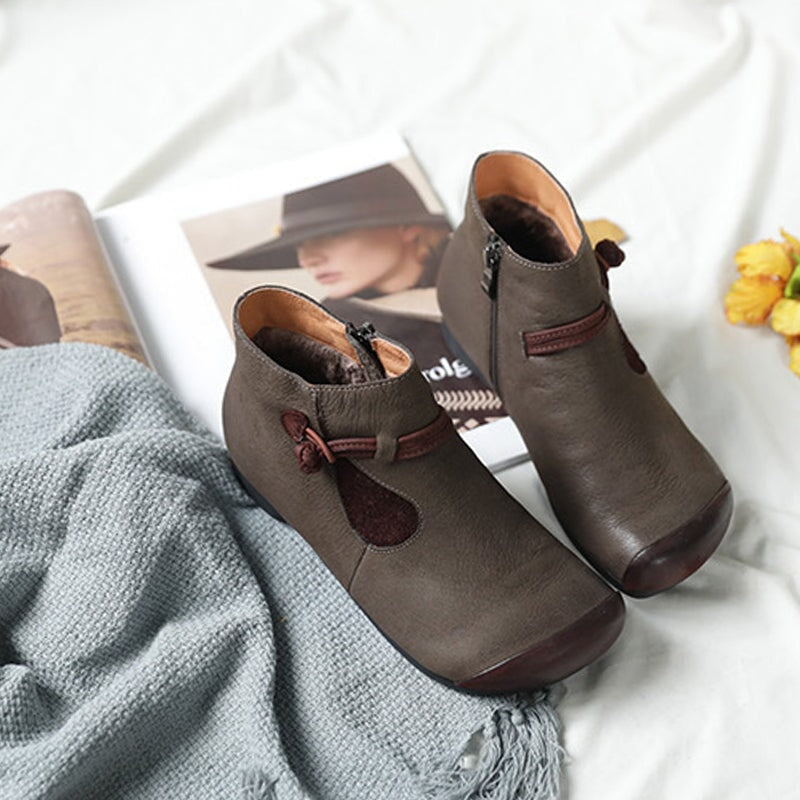 Women Calf Leather Ankle Boots Round Toe Flat Lace-Up Boots White/Brown/Coffee