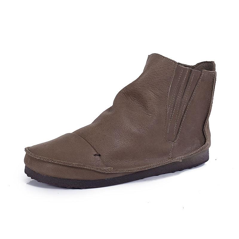 Retro Genuine Leather Soft Flat Boots For Women Round Toe Chelsea Boots Wide Fit Apricot Coffee