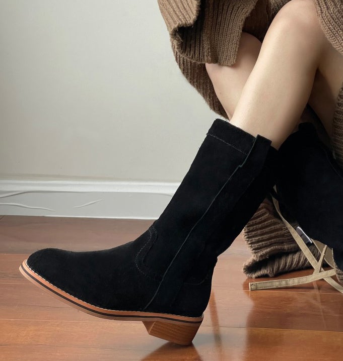 Womens Suede Leather Mid Calf Boots In Black/Khaki