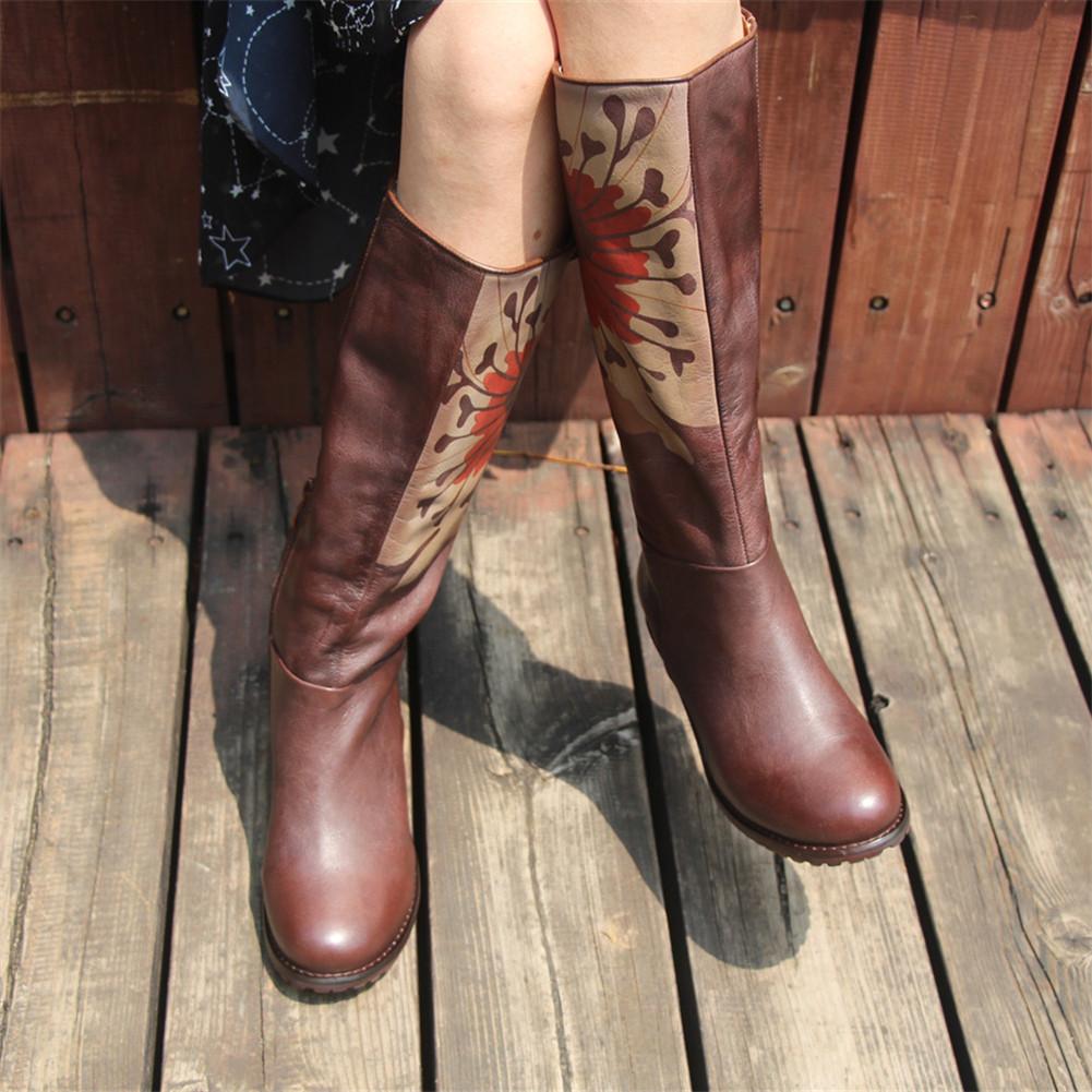 Handmade Leather Knee High Boots Block Heel Biker Boots Retro Flowers