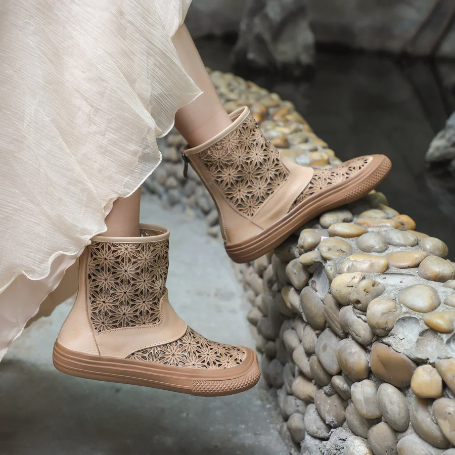Handmade Genuine Leather Summer Boots Cut Out Breathable Zip Short Boots