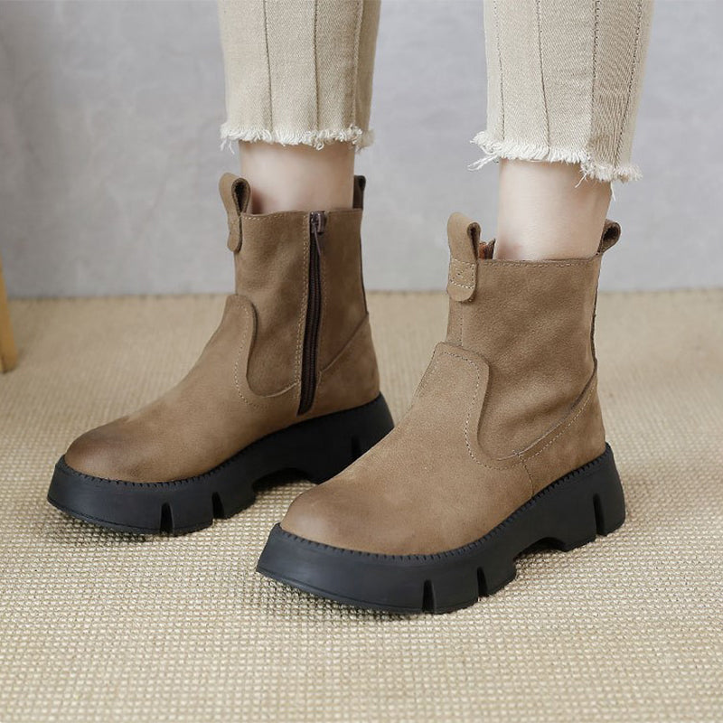 Retro Cowhide Chunky Boots Women Comfy Zip Walking Boots Gray/Apricot