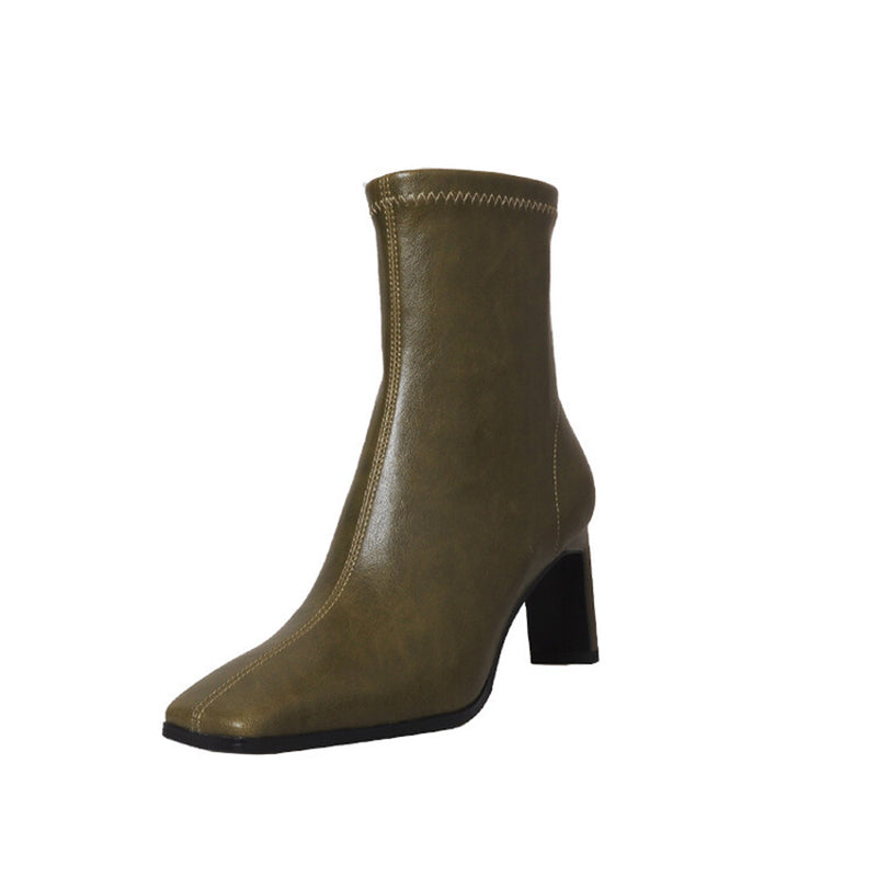 Classic Square Toe Sock Boots High Heel Stretch Boots Elastic Leather Handmade Black/Brown/Green