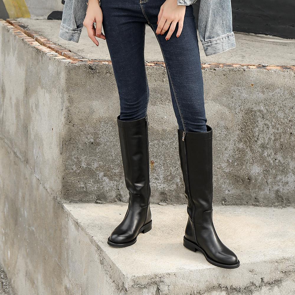 Handmade Soft Leather Knee High Boots Side Zip Riding Boots Black Short Plush