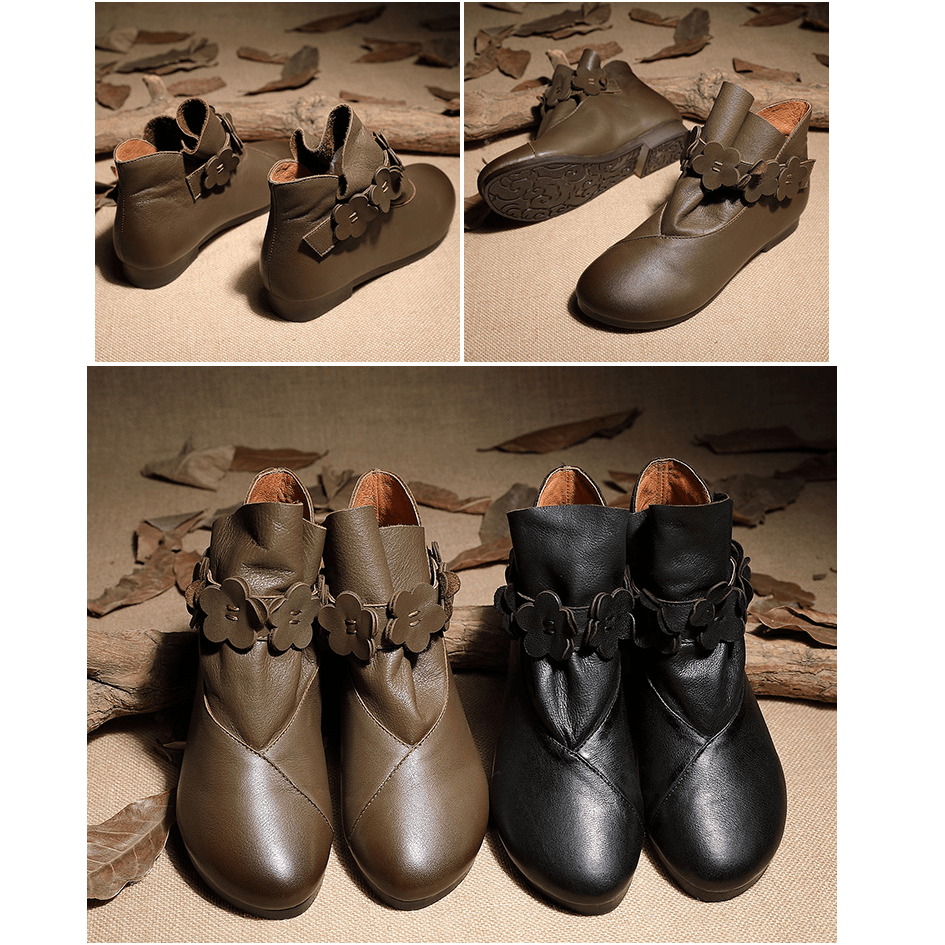 Leather Work Combat Boots Handmade Women Boots With Flowers Chelsea Boots Oil-Wax