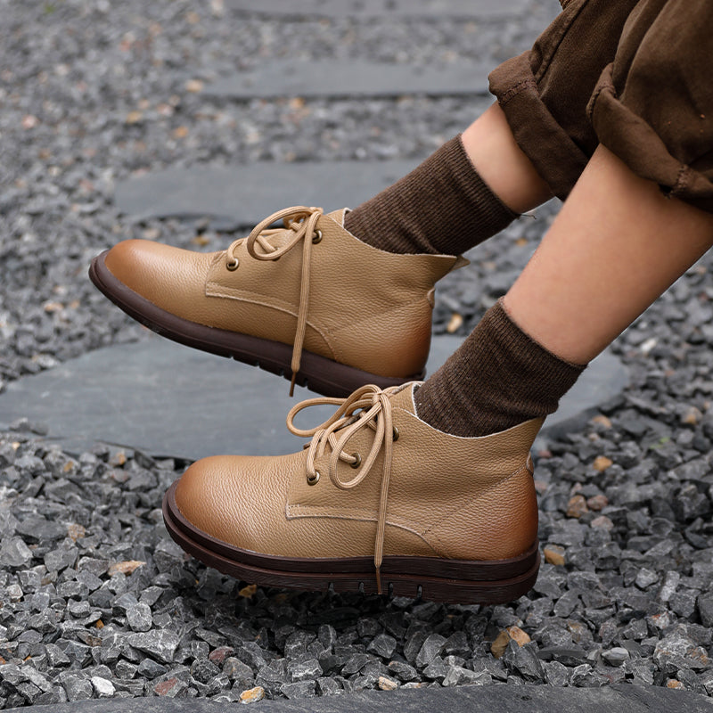 Handmade Brown Retro Leather Oxford Shoes for Women Flat Ankle Boots Lace Up Short Booties