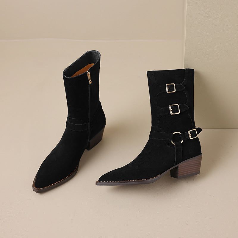Womens Suede Leather Mid Calf Boots 45mm Block Heel with Buckle Details In Black/Brown