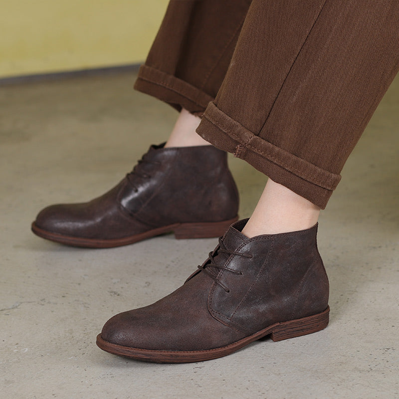 Oxfords For Women Lace Up Flat Sole Ankle Boots Handmade Matte Leather Boots Coffee/Brown