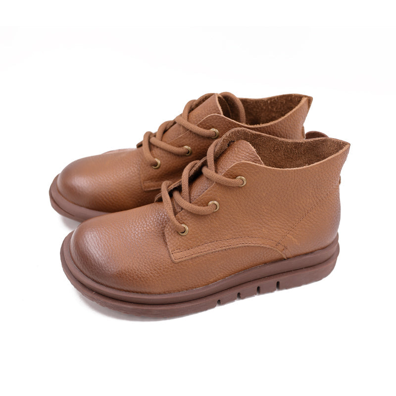 Handmade Brown Retro Leather Oxford Shoes for Women Flat Ankle Boots Lace Up Short Booties