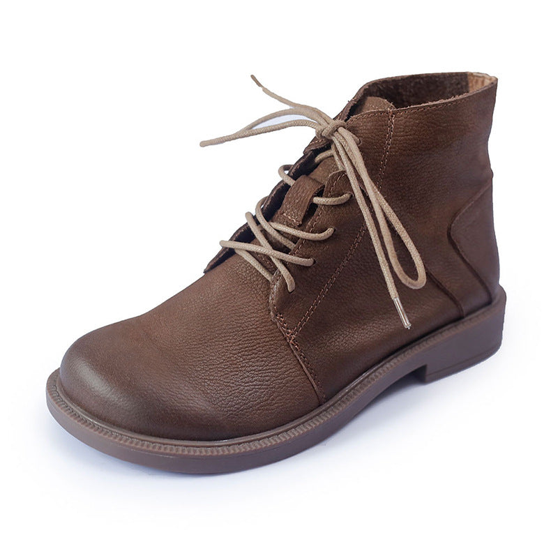 Wide Toes Handmade Genuine Leather Boots Lace-Up Combat Boots Retro Chunky Ankle Boots