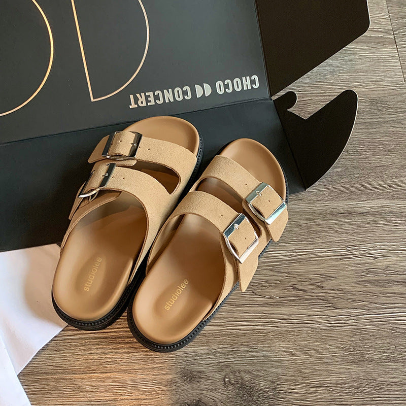 Retro Genuine Round Toe Wide Strap Sandals