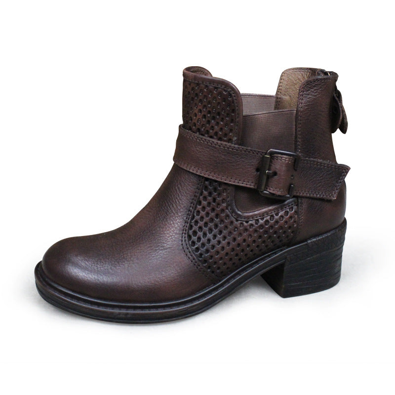 Women'S Handmade Leather Ankle Boots Comfortable Walking Retro Boots With Buckles Brown