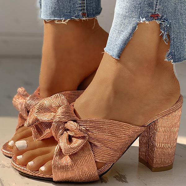 Peep Toe Bowknot Design Chunky Heeled Slippers