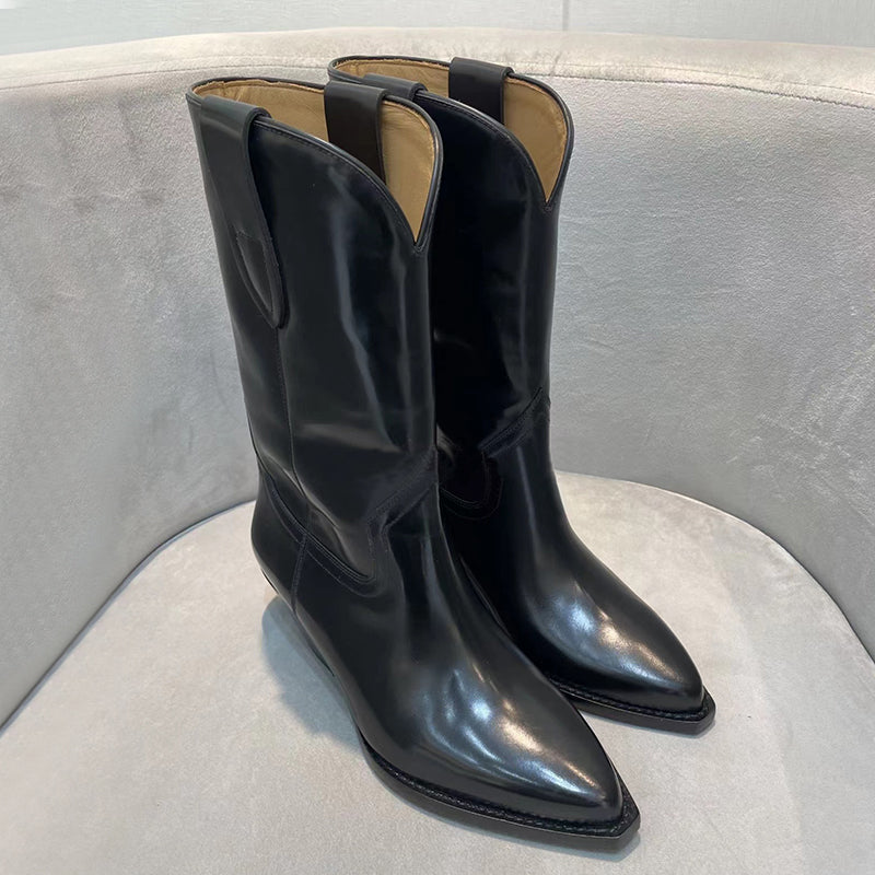 Womens Western Boots Mid Calf Black Leather Cowgirl Boots