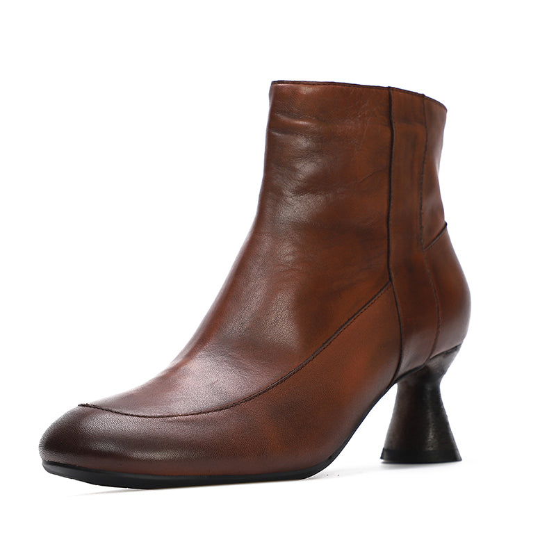 Handmade Soft Leather Kitty Heel Ankle Boots For Women Retro Round Toe Side Zipper in Coffee/Grey