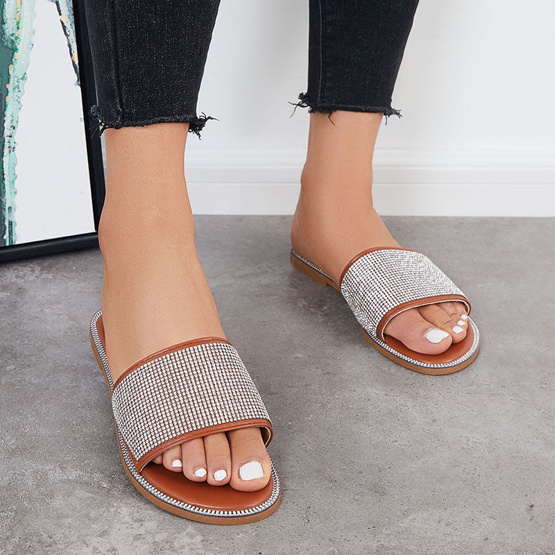 Rhinestone Slip on Flat Slide Sandals Glitter Open Toe Casual Slippers