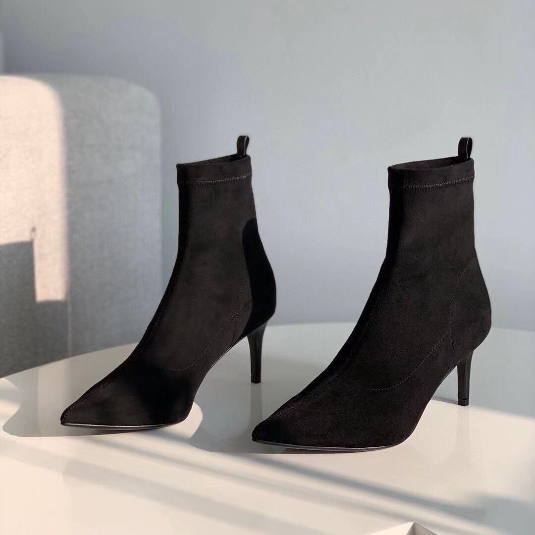 Classic Point Toe Sock Boots High Heel Stretch Boots Elastic Suede Handmade Black/Brown