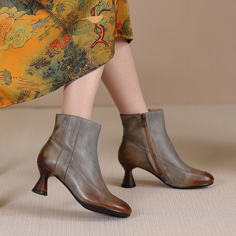 Handmade Soft Leather Kitty Heel Ankle Boots For Women Retro Round Toe Side Zipper in Coffee/Grey