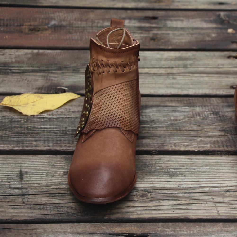 Women'S Handmade Sheepskin Ankle Boots Comfortable Walking Round Toe Retro Rivet Boots With Buckles Brown