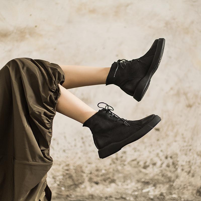 Lace Up Boots for Women Handmade Leather Flat Ankle Boots Brown/Coffee/Black