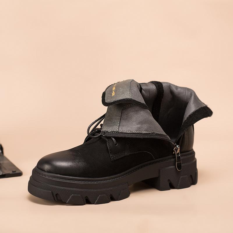 Fashion Cowhide Combat Boots Designer Retro Chunky Riding Boots Side Zip Black Matte / Black Smooth / Black Litchi