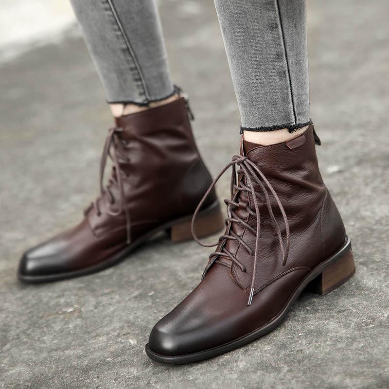 Handmade Fashion Boots Women Genuine Leather Lace-Up Oxfords Round Toe Chunky Ankle Booties Back Zipper Black/Brown