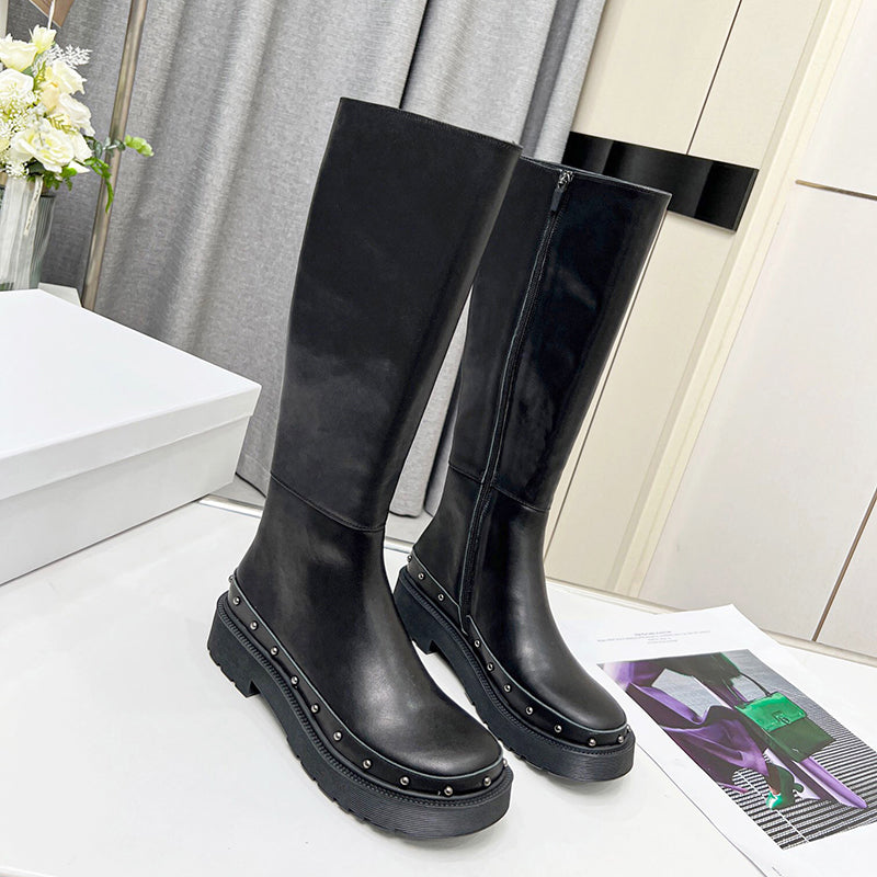 Riding Boots for Women in White/Black Leather - Chunky Sole Tall Boots